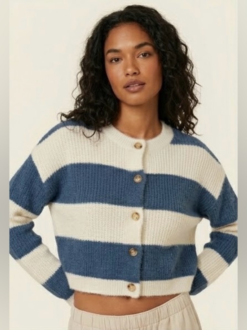 Altar'd State Blue and Cream Striped Button-Front Cropped Cardigan Size Small